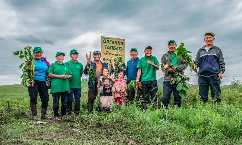 Biolandwirte und drei Kleinkinder aus der Mongolei stehen im Feld und halten das geernte Gemüse in den Händen.