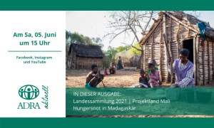 Eine Dorfszene in Madagaskar: Mehrere Menschen, darunter Kinder, sitzen oder stehen vor einfachen Hütten aus Holz.