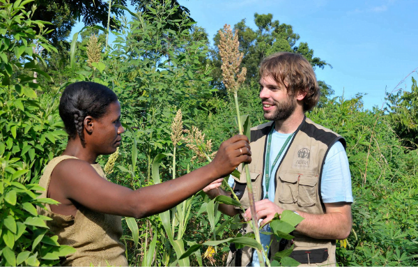 Ein freundlicher ADRA-Mitarbeiter hilft einer Frau mitten im Grünen bei der Ernten