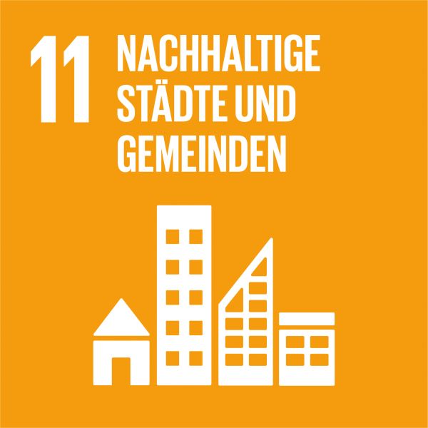 Icon für SDG 11 „Nachhaltige Städte und Gemeinden“ – orangefarbenes Quadrat mit Gebäuden