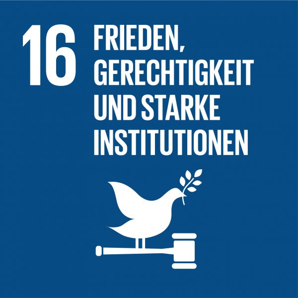 Icon für SDG 16 „Frieden, Gerechtigkeit und starke Institutionen“ – blaues Quadrat mit Taube und Richterhammer