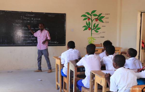 Eine Schulkasse während des Unterrichts in Somalia hört aufmerksam der Lehrkraft zu, welche sich vor der Tafel befindet und auf etwas geschriebenem hinzeigt.