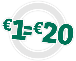 Grafik mit der Aufschrift „€1 = €20“ als Symbol für vervielfachte Spendenwirkung