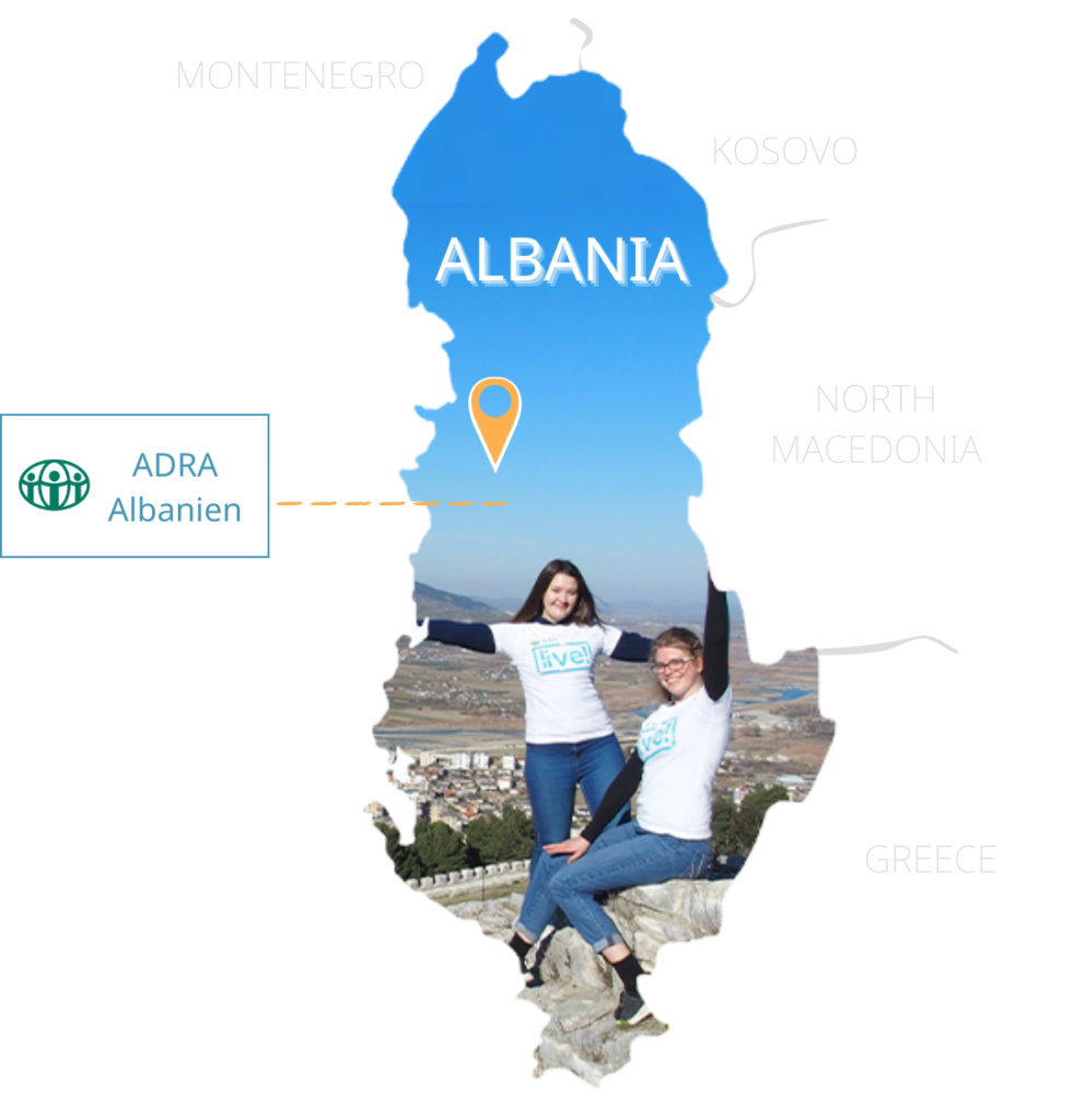 Eine Karte von Albanien zeigt markierte Umrisse des Landes sowie das Büro von ADRA Albanien
