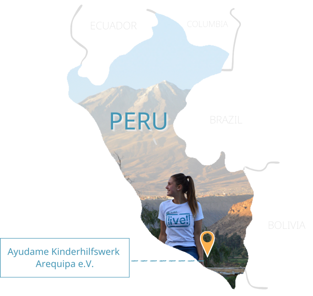 Karte von Peru mit markierten Umrisse und dem Ayudame Kinderhilfswerk in Arequipa