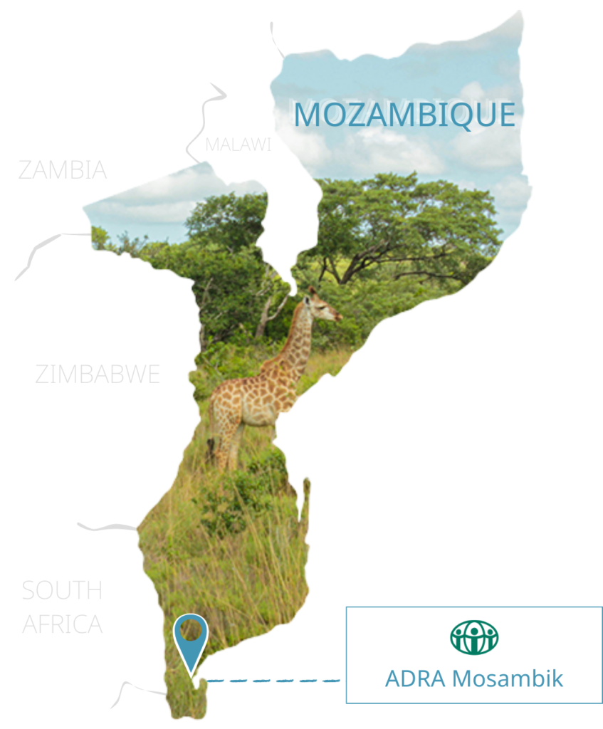 Eine Karte von Mosambik zeigt markierte Umrisse des Landes sowie das Büro von ADRA Mosambik