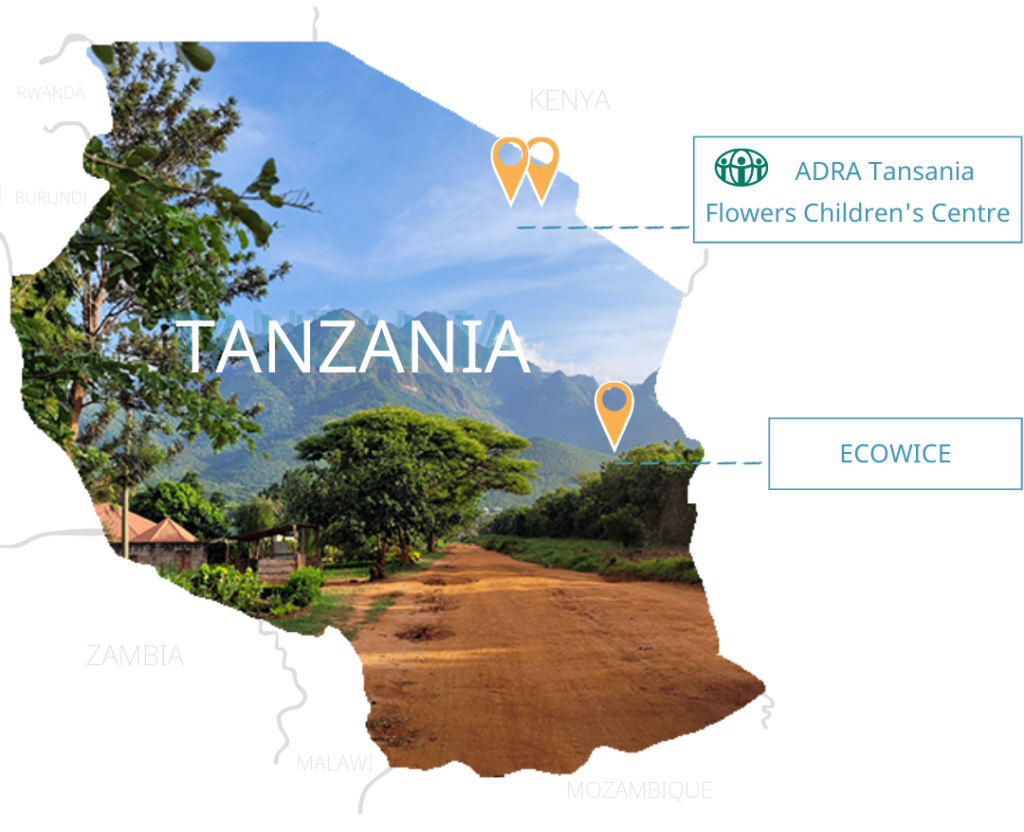 Eine Karte von Tansania zeigt markierte Umrisse des Landes sowie die Standorte des ADRA Tansania Büros, des Flowers Children's Centre und von Ecowice