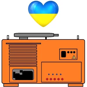 Ein Bild mit einem orangefarbenen Icon eines Stromgenerators darüber liegt ein Herz in den Farben der Ukraine-Flagge