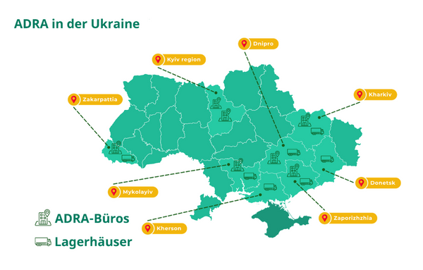 Eine Karte der Ukraine zeigt die Standorte von ADRA-Büros und Lagerhäusern