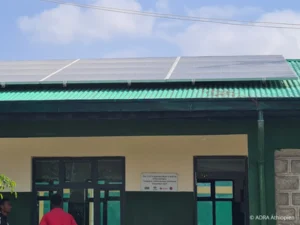 Das Dach eines Gebäudes ist mit Solarzellen bedeckt.