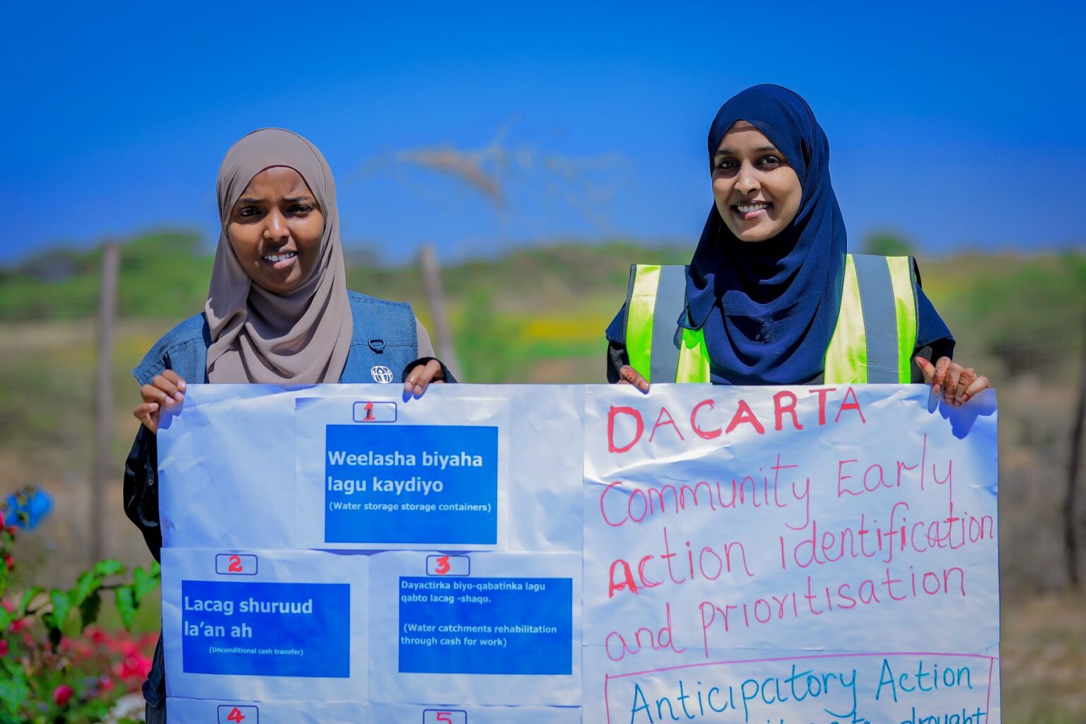 Zwei Frauen auf einem Feld halten gemeinsam einen Banner zur Schulung in Methoden der Katastrophenvorsorge