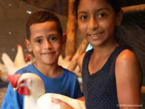 Ein Junge und ein Mädchen halten ein Huhn in einem Hühnerstall und lächeln in die Kamera.
