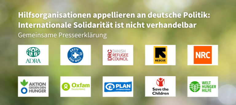 Cover mit Logos der Hilfsorganisationen, die gemeinsam an die deutsche Politik appellieren: Internationale Solidarität ist nicht verhandelbar