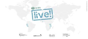 Logo von „ADRAlive!“ auf Weltkarte – Programm für internationale Freiwilligendienste, unterstützt von BMZ, weltwärts und Quifd