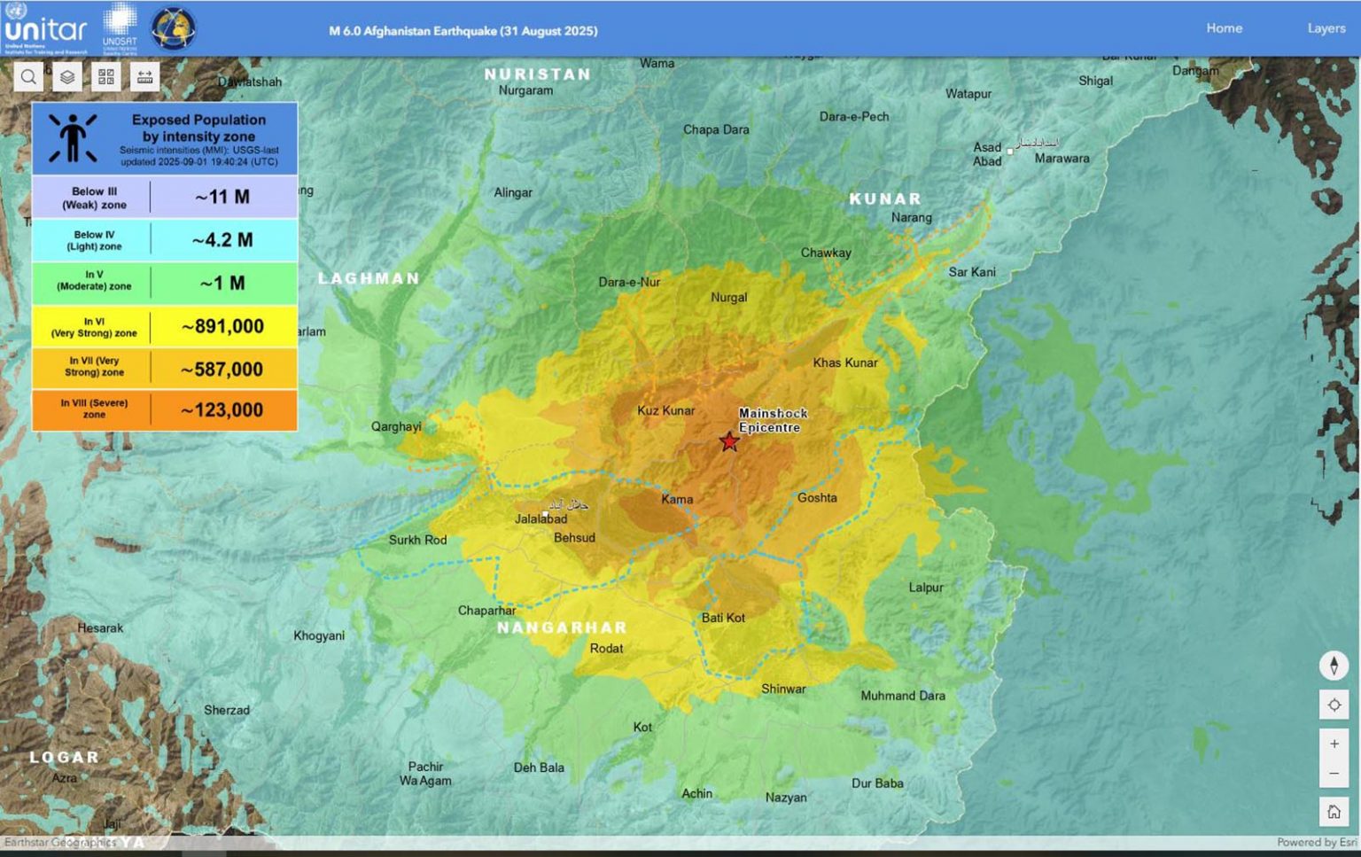 Karte der Erdbebenregion in Ostafghanistan mit Epizentrum in Kunar, Quelle UNITAR, zeigt betroffene Bevölkerung nach Intensitätszonen.