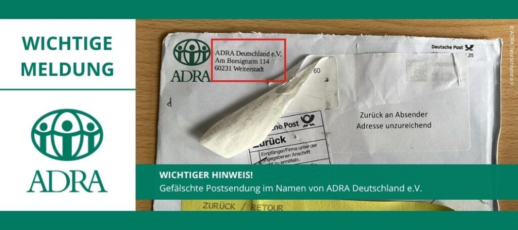 ADRA Deutschland warnt vor gefälschten Briefsendungen – auf dem Bild ist ein Umschlag mit falscher Absenderadresse und dem ADRA-Logo zu sehen.