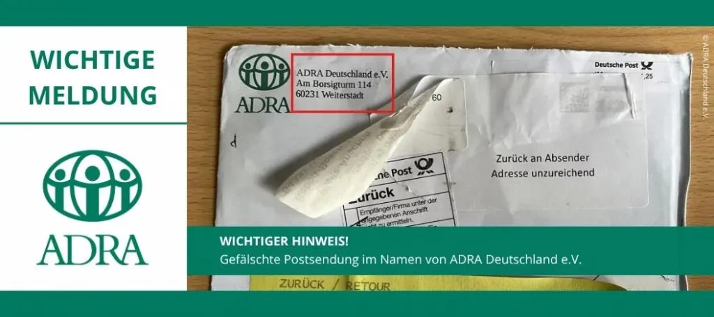 ADRA Deutschland warnt vor gefälschten Briefsendungen – auf dem Bild ist ein Umschlag mit falscher Absenderadresse und dem ADRA-Logo zu sehen.