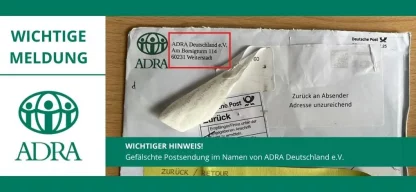 ADRA Deutschland warnt vor gefälschten Briefsendungen – auf dem Bild ist ein Umschlag mit falscher Absenderadresse und dem ADRA-Logo zu sehen.