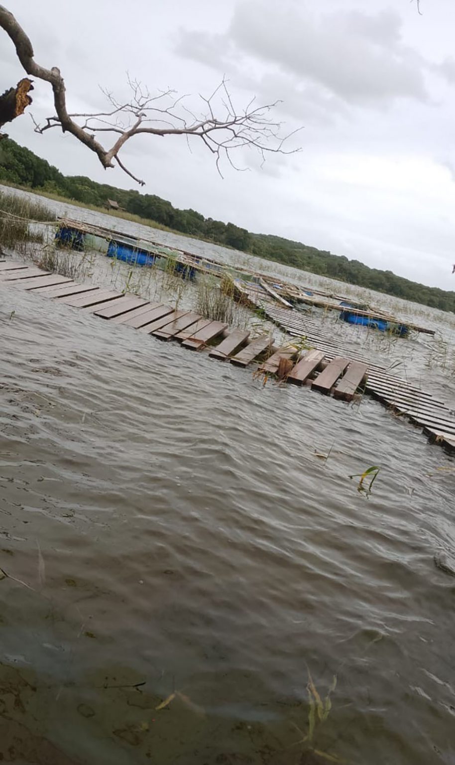 Ein teilweise zerstörter Holzsteg liegt in einem überfluteten Gebiet nach extremen Regenfällen in Mosambik.