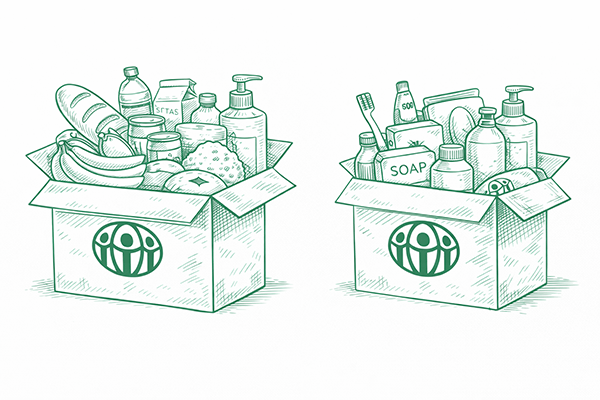 Illustration von zwei ADRA-Hilfspaketen mit Lebensmitteln und Hygieneartikeln