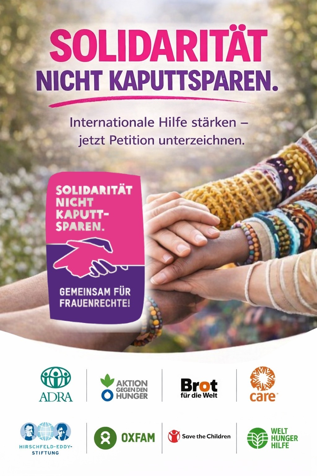 Menschen legen Hände übereinander als Zeichen für Solidarität – Petition „Solidarität nicht kaputtsparen“ zur Unterstützung internationaler Hilfe
