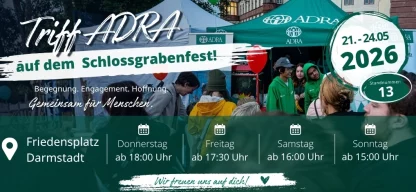 ADRA Deutschland informiert auf dem Schlossgrabenfest 2026 in Darmstadt über weltweite Nothilfe und aktuelle Hilfsprojekte am Stand 13 auf dem Friedensplatz.