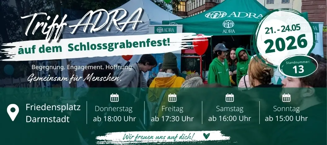 ADRA Deutschland informiert auf dem Schlossgrabenfest 2026 in Darmstadt über weltweite Nothilfe und aktuelle Hilfsprojekte am Stand 13 auf dem Friedensplatz.