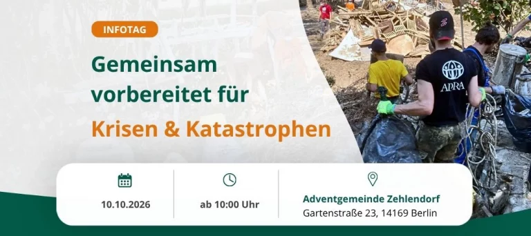 Veranstaltungsbanner zum BEREIT- Infotag „Gemeinsam vorbereitet für Krisen & Katastrophen“ am 10.10.2026 ab 10 Uhr in der Adventgemeinde Zehlendorf, Gartenstraße 23, 14169 Berlin.