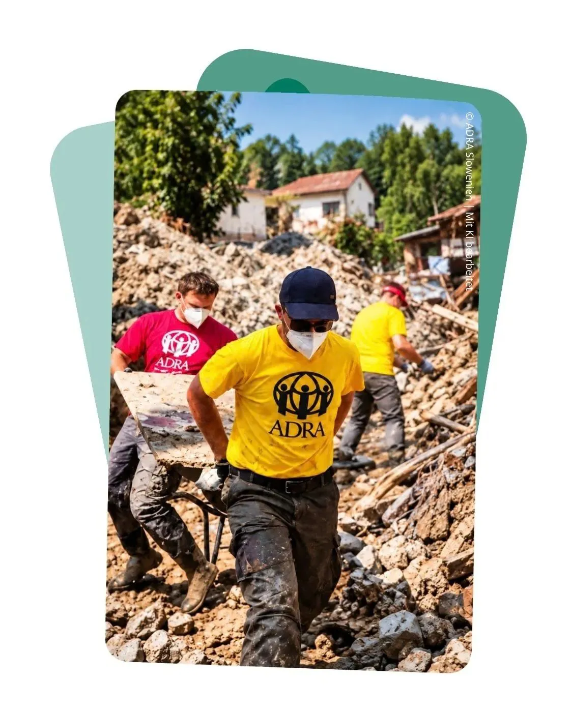 ADRA-Helfer räumen gemeinsam Trümmer und Bauschutt in einem Katastrophengebiet