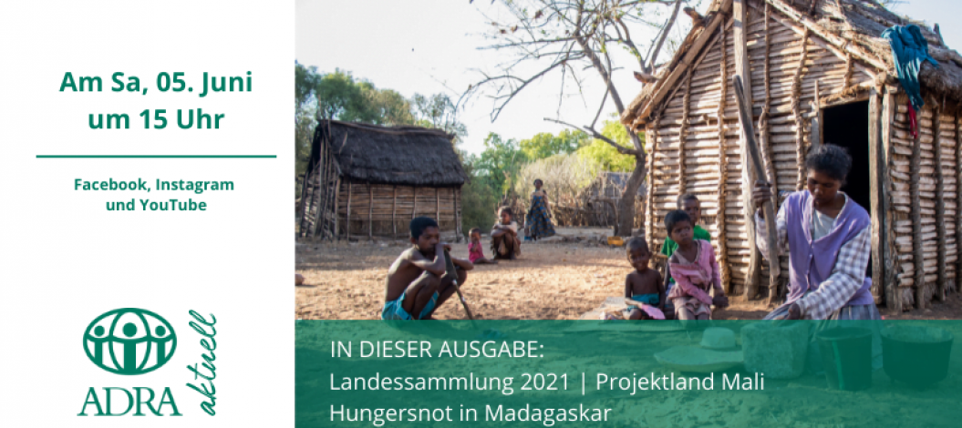 Eine Dorfszene in Madagaskar: Mehrere Menschen, darunter Kinder, sitzen oder stehen vor einfachen Hütten aus Holz.