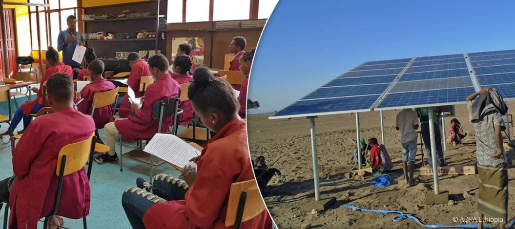 Links: Schüler:innen in roten Uniformen sitzen in einem Klassenraum und hören einem Lehrer zu. Rechts: Menschen arbeiten unter Solarpanels in einer trockenen, sandigen Landschaft