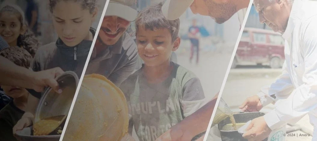 verschiedenen Szenen Verteilung warmer Mahlzeiten an Kindern und Familien in Not aus Gaza