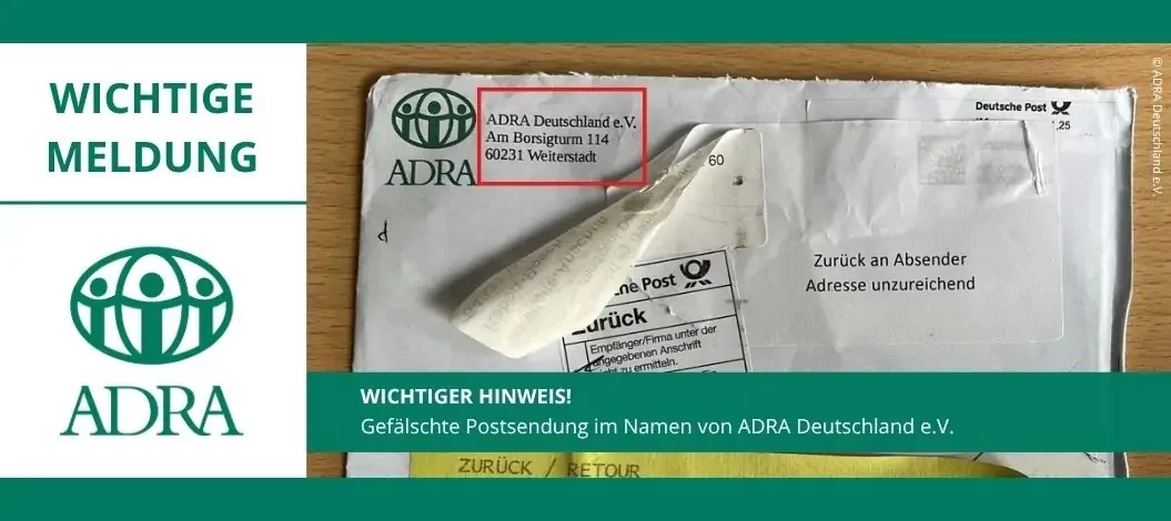ADRA Deutschland warnt vor gefälschten Briefsendungen – auf dem Bild ist ein Umschlag mit falscher Absenderadresse und dem ADRA-Logo zu sehen.