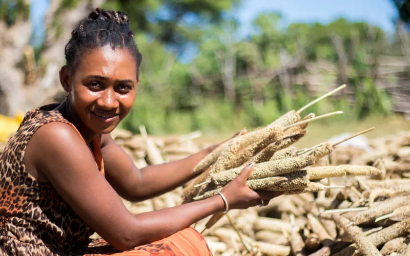Eine Frau hält das Hirsegetreide in beiden Händen, neben ihr liegt noch weitere Ernte von der Hirse