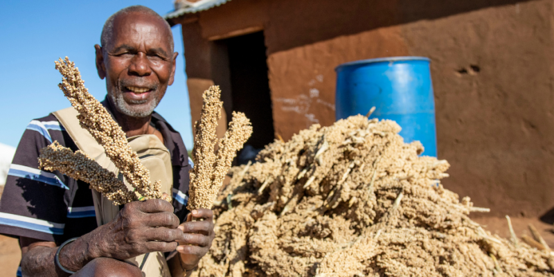 Lächelnder Mann aus Madagaskar sitzt im Freien und hält Getreide, hinter ihm ein großer Berg voller Getreide.