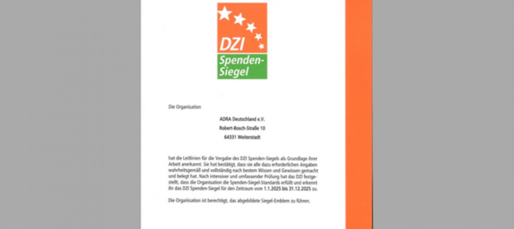 DZI-Spendensiegel-Zertifikat 2025 für ADRA Deutschland – offiziell verliehen vom Deutschen Zentralinstitut für soziale Fragen (DZI)