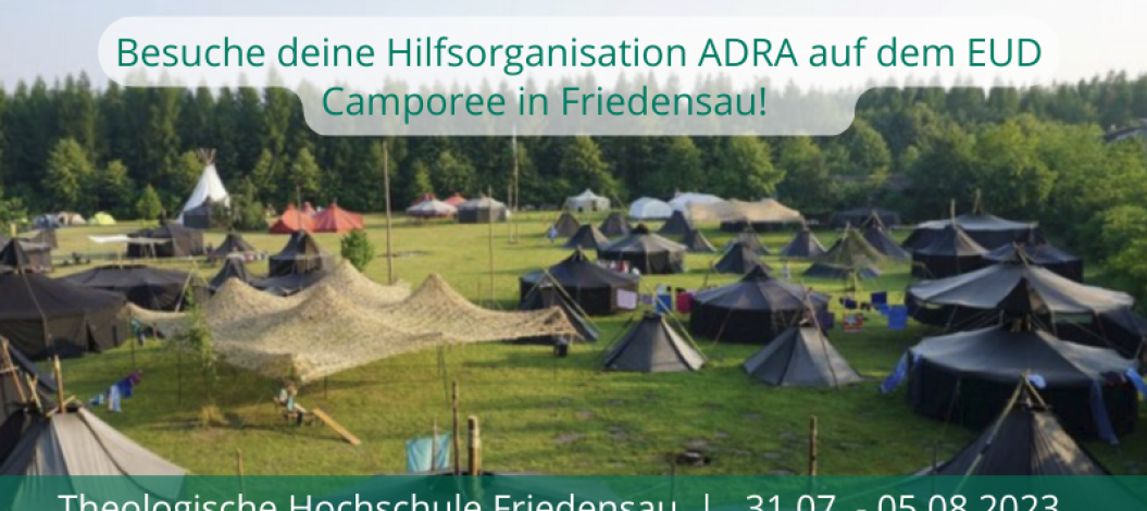 "Einladung zum Pathfinder Camporee: Entdecke das Abenteuer von Freundschaft und Glauben! Besuche deine Hilfsorganisation ADRA vom 31.07. bis 5.08. an der Theologischen Hochschule Friedensau.