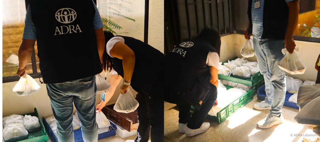 Vier ADRA-Mitarbeitende im Libanon übergeben Lebensmittelpakete an Bedürftige. | © ADRA Lebanon