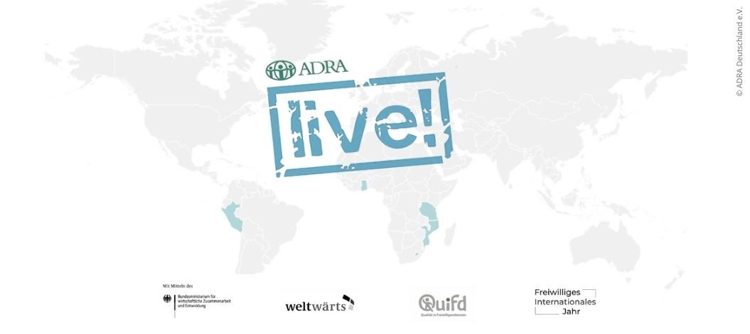 Logo von „ADRAlive!“ auf Weltkarte – Programm für internationale Freiwilligendienste, unterstützt von BMZ, weltwärts und Quifd